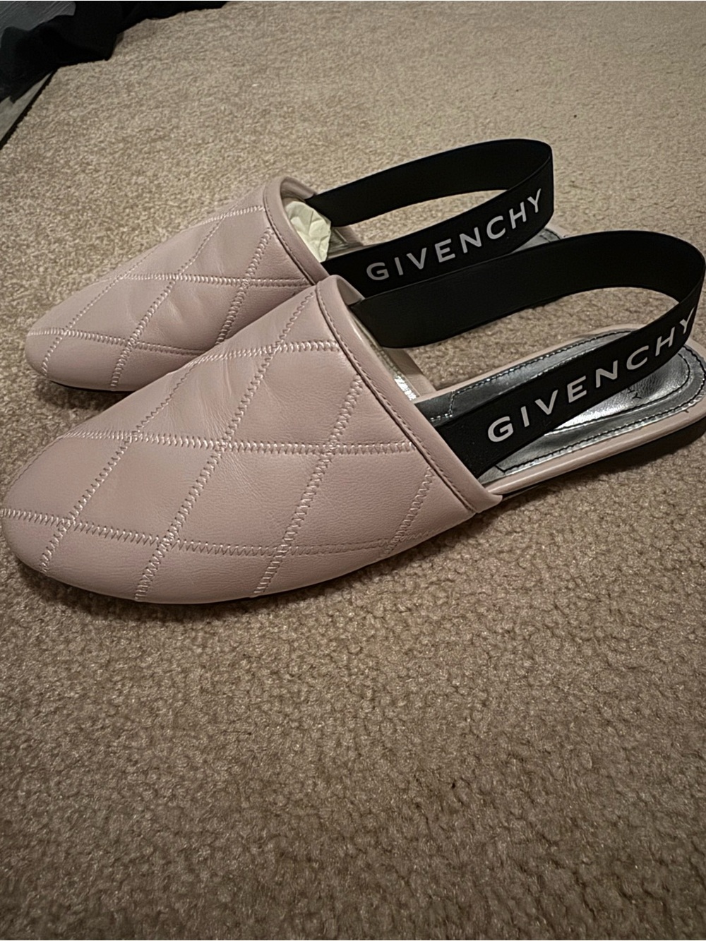 Givenchy Quilted Slingback Flats in Light Pink with Black Logo Strap